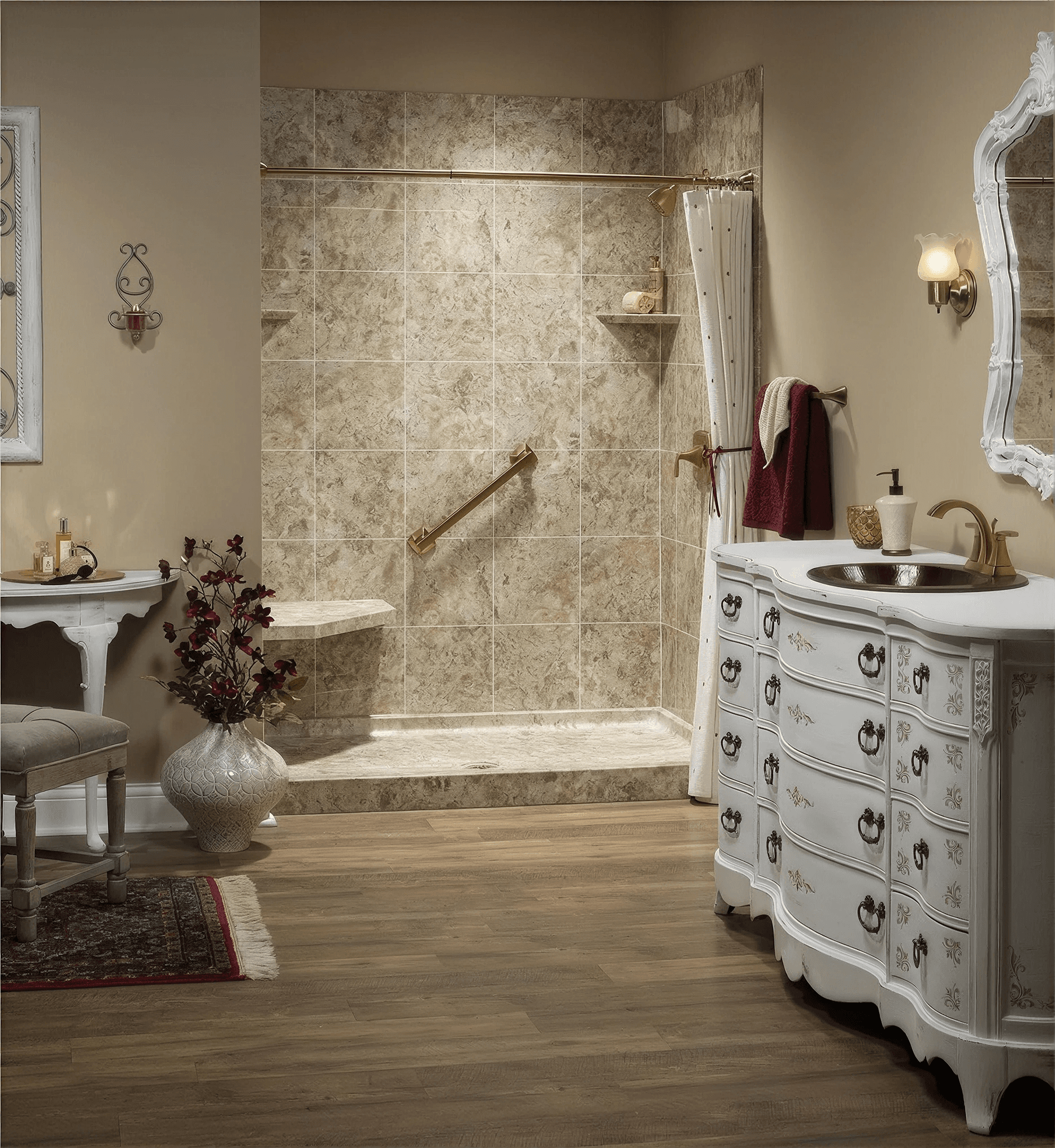 Spacious walk-in shower featuring a low-threshold entry, built-in corner bench, grab bar, and stone-look wall surround, paired with warm finishes and classic bathroom furnishings for a safe, elegant bathing space.