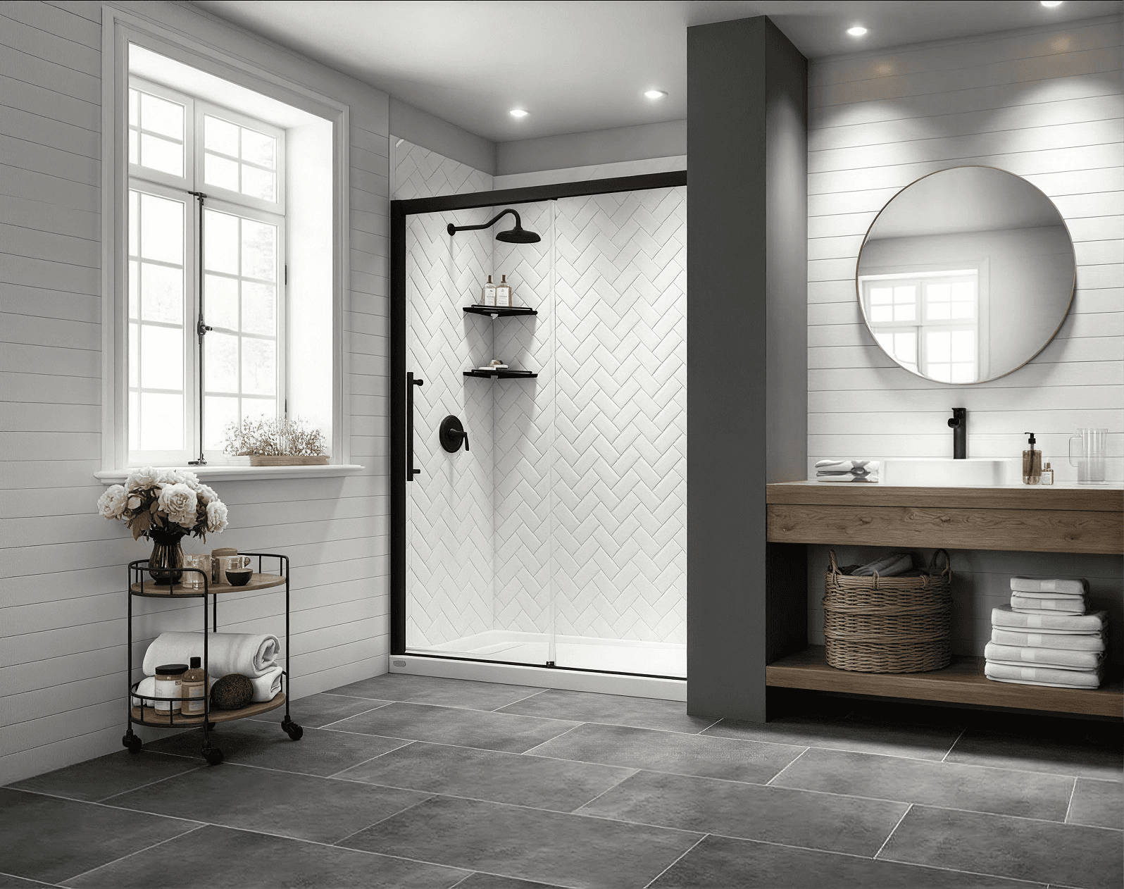 Modern bathroom featuring a frameless black glass shower with white herringbone tile walls, matte black fixtures, a floating wood vanity with an open shelf, round mirror, gray tile flooring, and bright farmhouse-inspired accents.