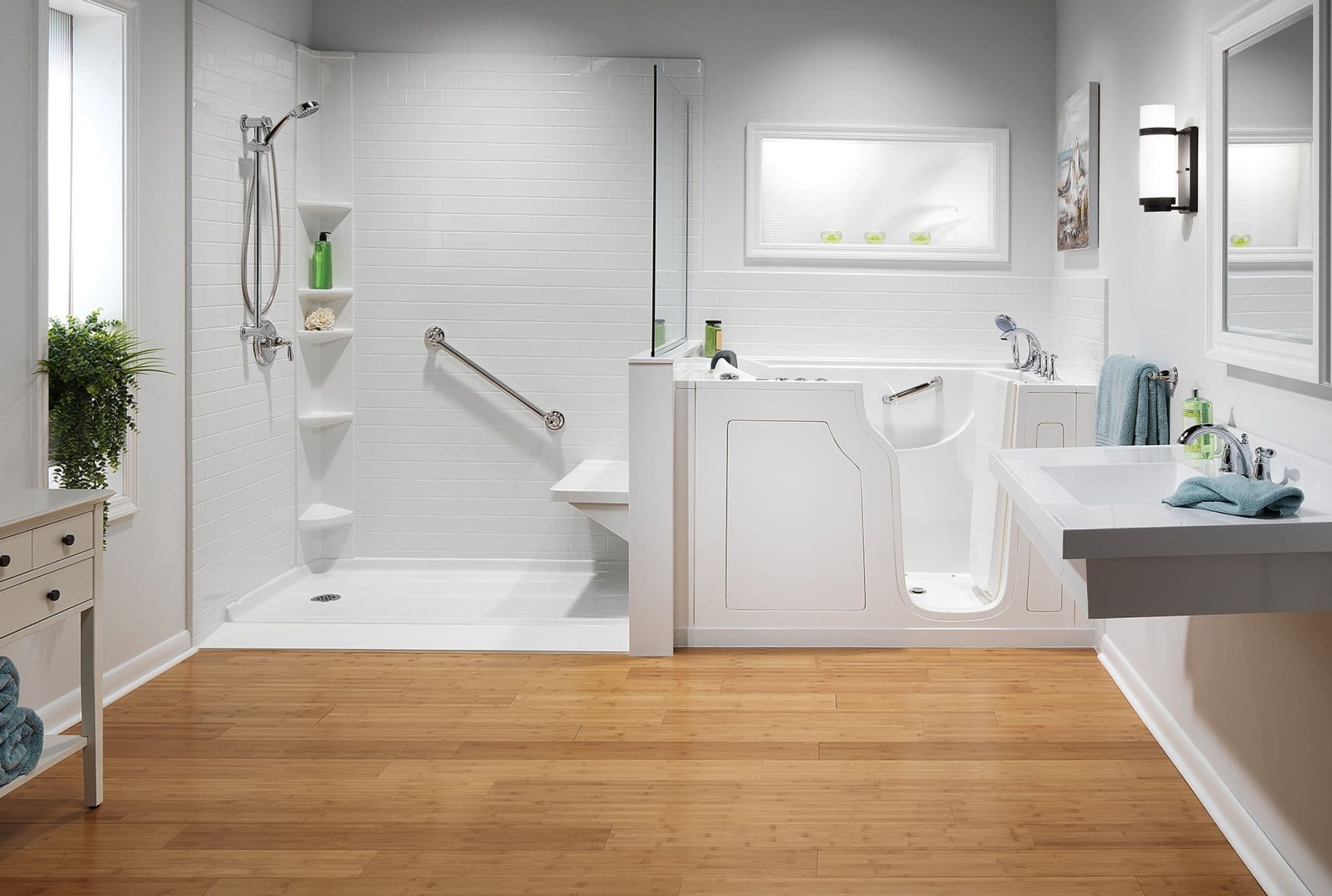 Accessible bathroom with a white walk-in shower, built-in bench, grab bar, white subway tile surround, adjacent walk-in tub, floating vanity, and wood-look flooring.